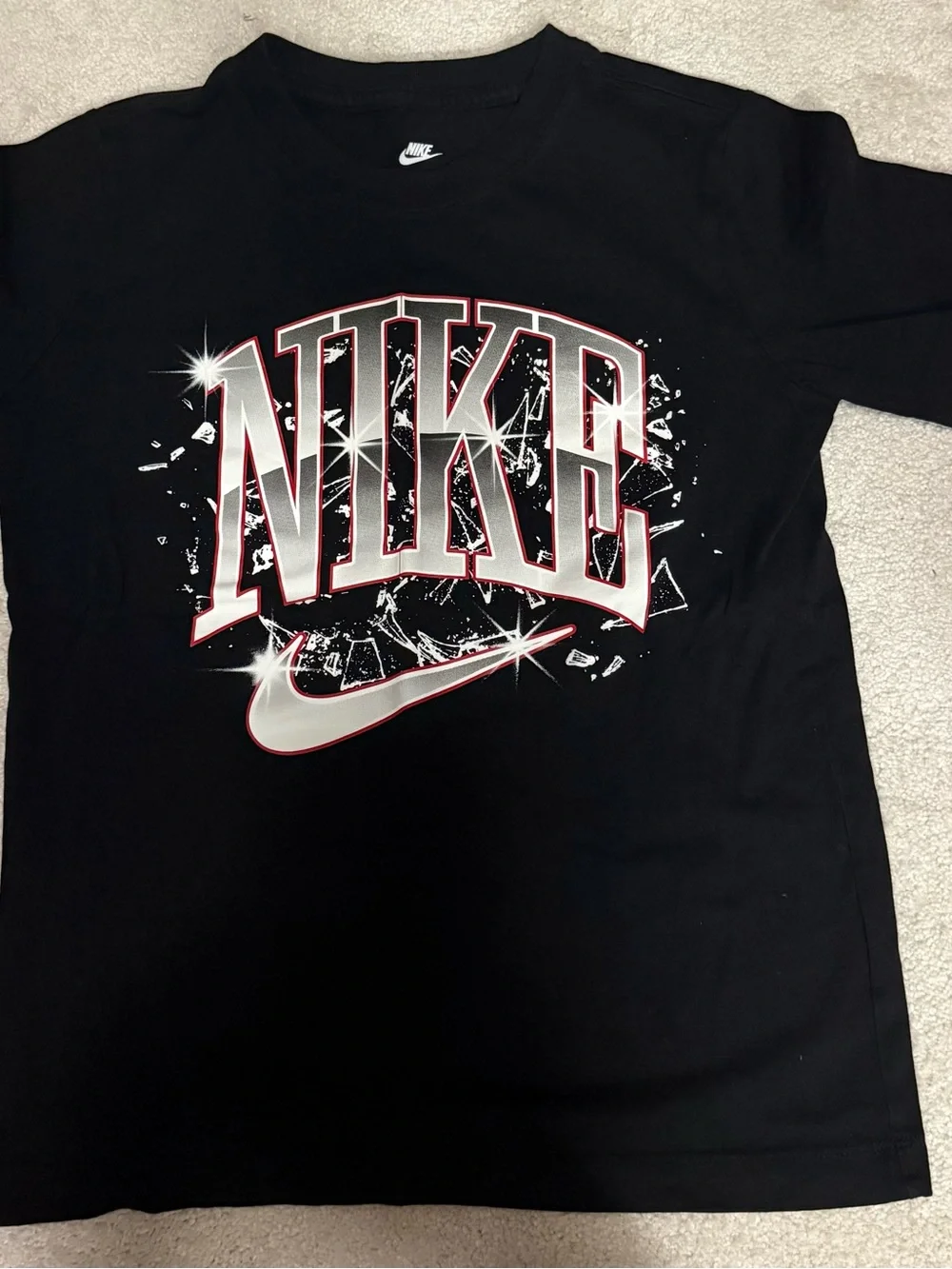 Nike Black Graphic Logo Tee with Silver & Red Accents Boys Medium